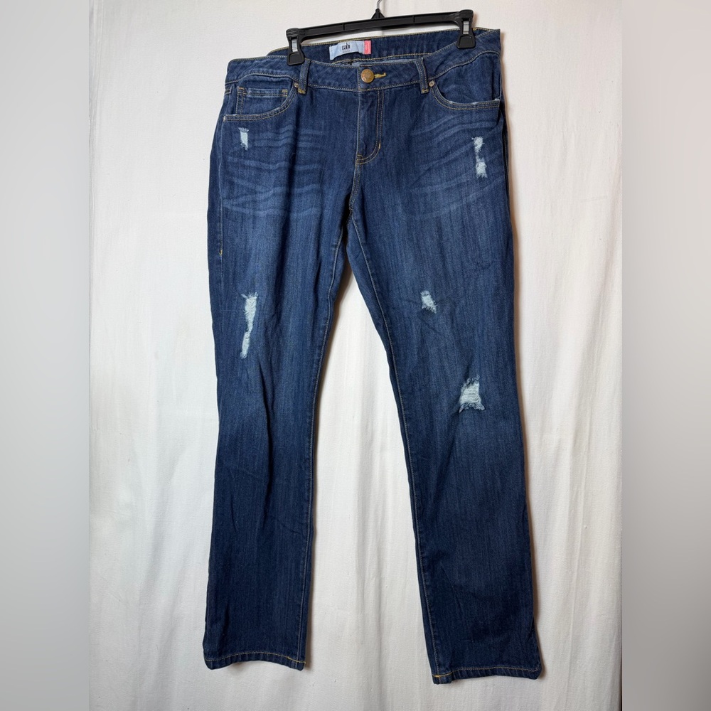 CAbi Women’s Size 12 Dark Blue Distressed Boyfriend Straight Jeans Style 3045